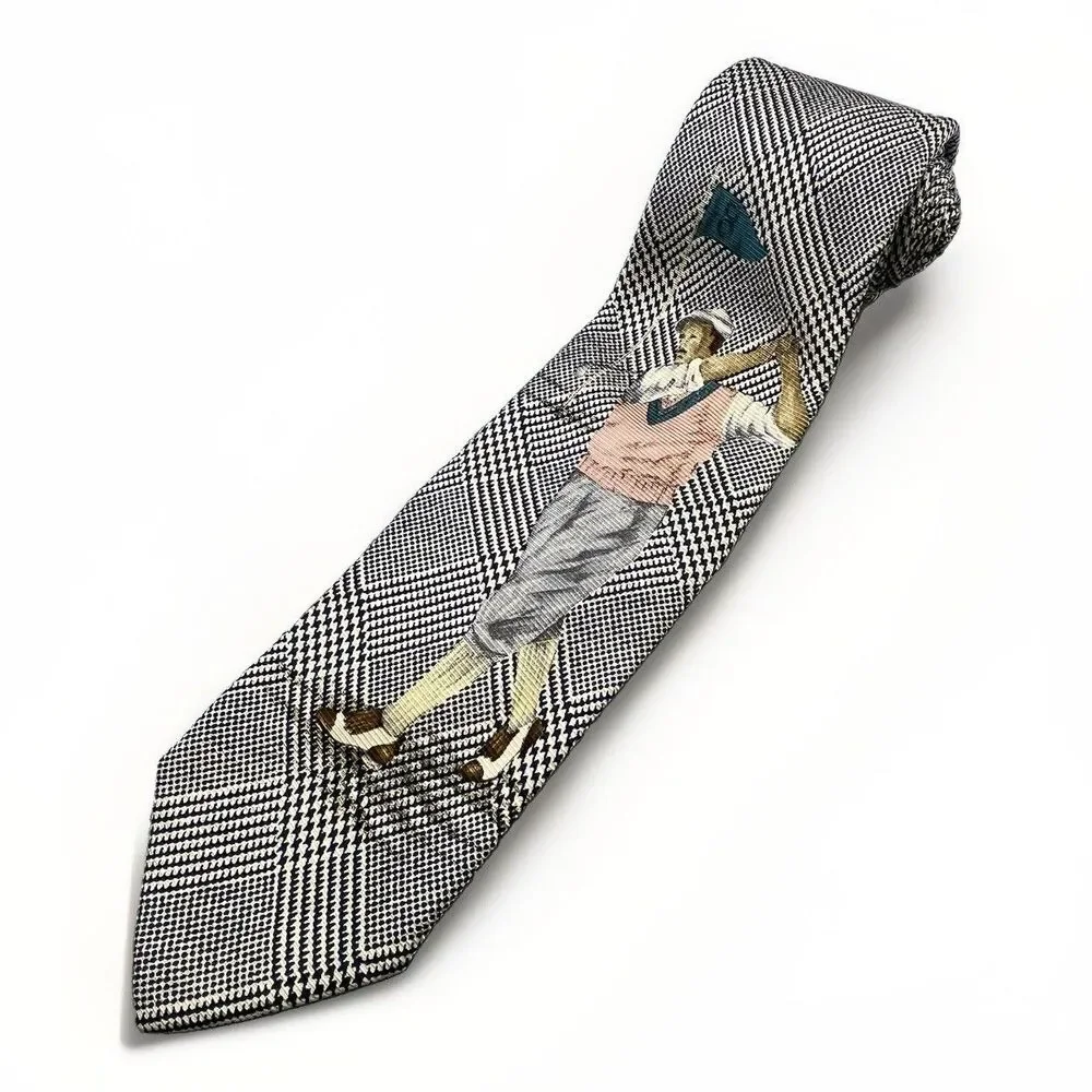 Vintage Polo Sport Ralph Lauren 100% Silk Necktie Tie Golf Golfer Houndstooth